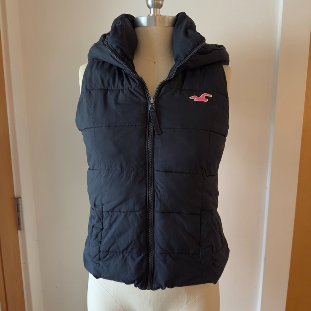 Hollister Malaga Beach Hooded Puffer Vest-Navy Blue/Pink Seagull Logo-Sz S
